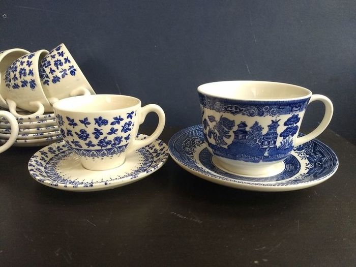 Vintage Blue and White Transferware Set of Six Espresso/Demi-Tasse Duos by English Ironstone Tableware