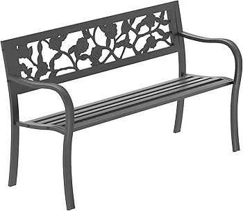 Steel Garden Bench, Rose Design 3 Seater Outdoor Furniture Seating Park Patio Seat