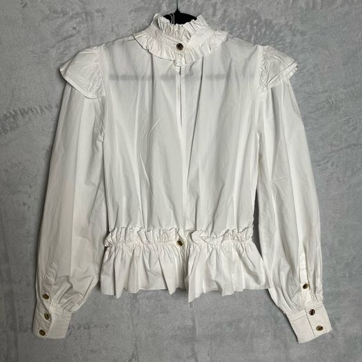 Ganni Cotton Poplin Blouse Sz 8UK 4US S White Ruffle Smock Classic Collar
