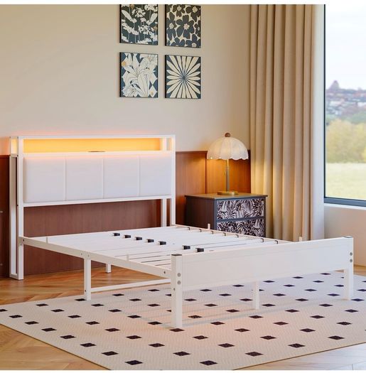 4FT6 Double Bed Frame with LED Lights and Charging Station, Heavy Duty Metal Platform Upholstered Bed frame with Storage Fabric Headboard,Metal Slats Support,Mattress Foundation (White)