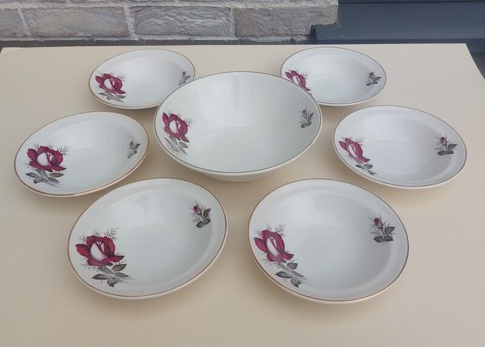 Beautiful Set of Six Dessert Bowls plus Matching Large Bowl by Arklow Pottery in the Very Popular and Collectable "Autumn Rose" Pattern