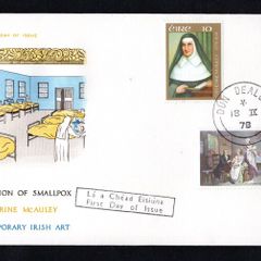 1978 Ireland Anniversaries/Events: Birth of Sister Catherine McAuley; The Eradication of Smallpox; Birth of Sir William Orpen & Contemporary Irish Art Commemorative Stamps Illustrated Hibernian First Day Cover (FDC) with Dun Dealagan (Dundalk) steele