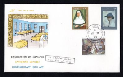 1978 Ireland Anniversaries/Events: Birth of Sister Catherine McAuley; The Eradication of Smallpox; Birth of Sir William Orpen & Contemporary Irish Art Commemorative Stamps Illustrated Hibernian First Day Cover (FDC) with Dun Dealagan (Dundalk) steele
