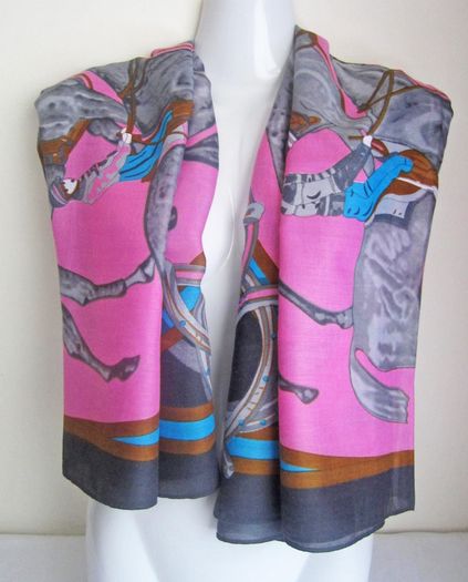 Pink Large Ladies Light Scarf Wrap Shawl Kerchief with Horse Hooves Riders Print