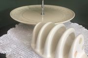 Kitchencraft Est 1850 Classic Collection 2 Tier Cake Plate on a pedestal and Free Same Brand Toast Rack with polka dot pattern