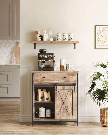 Cabinet with Sliding Door Storage Cabinet, Kitchen Cupboard with Sliding Door, Open Compartment, Adjustable Shelf, Industrial, for Hallway, Living Room, Kitchen, Study, Vintage Brown-Black,