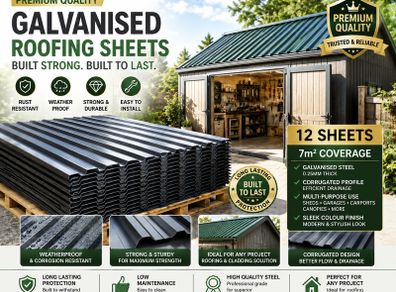12 Pack Corrugated Metal Roofing Sheets 129 x 45 cm Galvanised Roof Panels 7 m2 Coverage