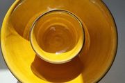Vintage Ochre Yellow Ceramic Bowl Set with Silver and Gold Metal Rim Accent