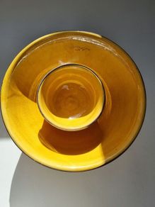 Vintage Ochre Yellow Ceramic Bowl Set with Silver and Gold Metal Rim Accent