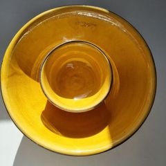 Vintage Ochre Yellow Ceramic Bowl Set with Silver and Gold Metal Rim Accent