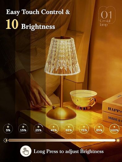 Table Lamp, Touch Lamps Bedside Lamp, 10-Way Dimmable Crystal Lamp, 3 Colors Rechargeable Lamp,Cordless Lamp for Bedroom,Touch Lamp, Gold Lamp,Table Lamps for Living Room Bedroom Dinner Bar