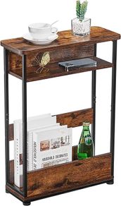 Narrow Side Table with Storage Shelf, 3 Tier Slim End Table Modern Sofa Table for Narrow and Small Spaces, 24.6 Inch Height Bedside Table Small Nightstand with Magazine Rack Space Saving-Brown (FREE SHIPPING)