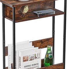 Narrow Side Table with Storage Shelf, 3 Tier Slim End Table Modern Sofa Table for Narrow and Small Spaces, 24.6 Inch Height Bedside Table Small Nightstand with Magazine Rack Space Saving-Brown (FREE SHIPPING)