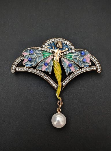 Art Nouveau Vintage Style Angel Lady Wings Fairy Pearl Brooch Pin