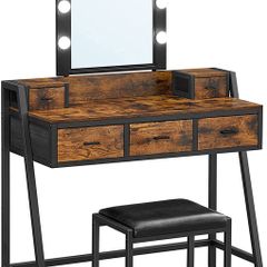 Dressing Table Dressing Table Vanity Table with Stool 10 LED Bulbs Adjustable Brightness Mirror Bedroom Dressing Room Industrial Design Vintage Brown-Black