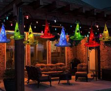 8 PCS Hanging Witch Hat with Remote Battery Operated String Lights, Outdoor Waterproof Halloween Decoration Lights, Lighted Spider Hats for Front Porch, Yard, Patio, Garden, Tree, Party Decor