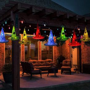 8 PCS Hanging Witch Hat with Remote Battery Operated String Lights, Outdoor Waterproof Halloween Decoration Lights, Lighted Spider Hats for Front Porch, Yard, Patio, Garden, Tree, Party Decor