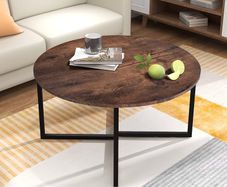 SALE | Round Coffee Table Tea Table End Table Sofa Table for Living Room with Metal Legs, Black+Brown oak