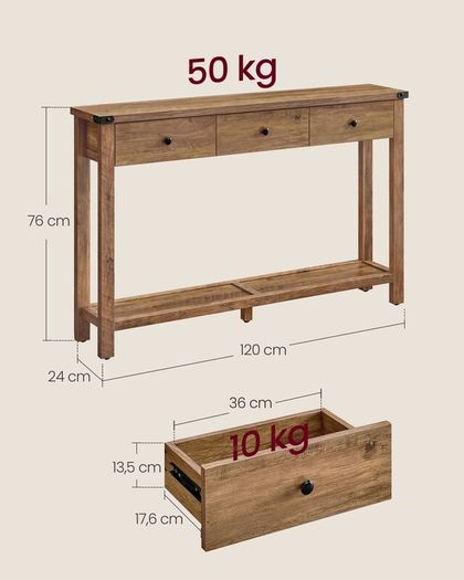 Console Table with 3 Drawers and Lower Storage Shelf Honey Brown 120cm