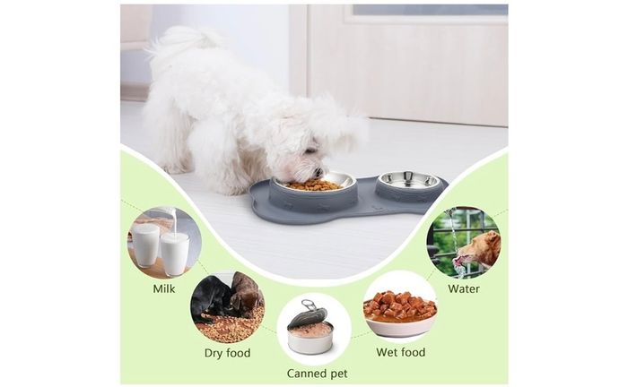 Pecute Dog Bowls Non Slip, Stainless Steel Double Bowls Set with Non-Spill Silicone Mats Tray.