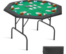 Foldable Poker Table, 8 Player 1220 mm Folding Casino Leisure Table with Padded Rails & Cup Holders, Octagonal Portable Game Tables with Felt & Metal Legs, for Texas Hold'em Game and Blackjack