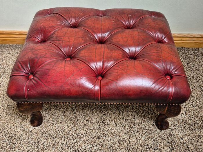Vintage Chesterfield Queen Anne Leather Footstool Oxblood Red
