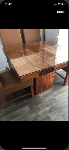 Dining tables with 4 chairs. Glass panel for top table