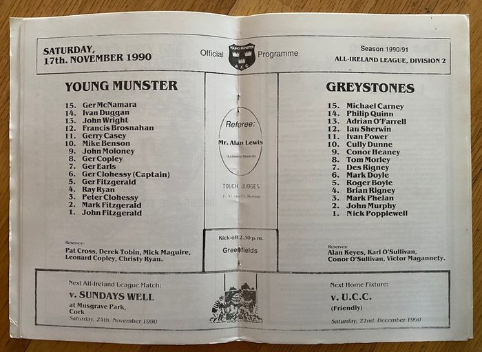 Very Rare 1990 Young Munster v Greystones - AIL Division 1 Rugby Programme 1991 Young Munster v St. Mary's College - AIL Division 1 Rugby Programme