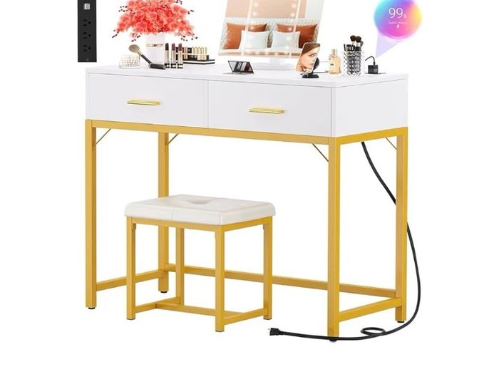 36 Inch Vanity Desk with Mirror and Drawers, Vanity Table and Stool, Dressing Table with Lights and Socket Strip for Bedroom, Gold