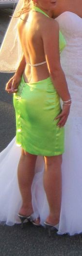 Fancy bright green satin dress with crystals