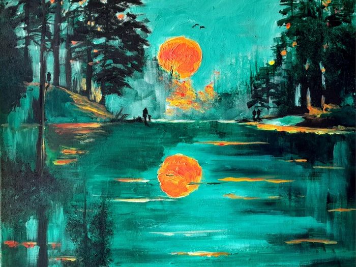 "Emerald Dawn" Acrylic on 20 x  24 inch canvas panel. Varnished.  Original.