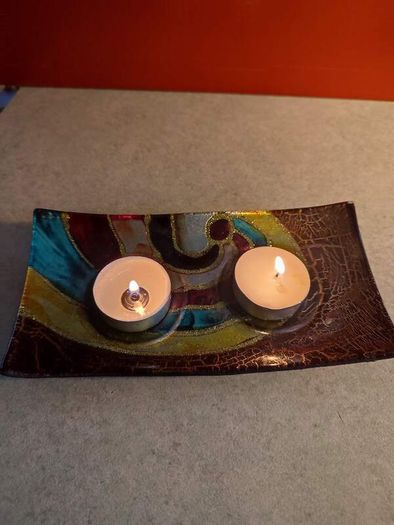 Studio Art Glass Hand Painted Multi-Color Double Tea Light Votive Candle Holder
