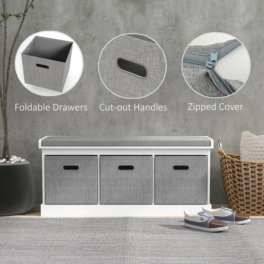 Three-Drawer Shoe Storage Bench, with Padded Top Seat - White