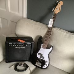 Squier ( by Fender ) Mini Precision Bass Guitar (Black) and Harley Benton 20w Bass Amplifier