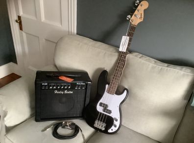 Squier ( by Fender ) Mini Precision Bass Guitar (Black) and Harley Benton 20w Bass Amplifier