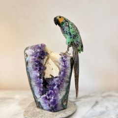 Premium Ruby in Zoisite Gemstone Parrot Carving on Unique Amethyst Crystal Geode