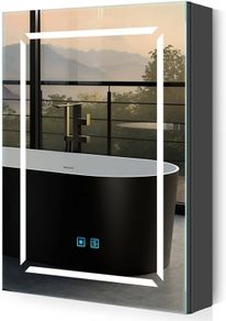 Bathroom Mirror Cabinet with Lights and Shaver Socket Black LED Medicine Cabinet Wall Mounted with Shelf 3 Color Temperature Adjustment Demister Feature 500 x 700mm