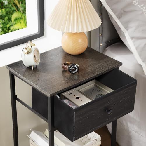 Bedside Table Set of 2, Small Side Table with Fabric Drawer, Sofa Table with Storage Shelf, Nightstand with Metal Frame for Bedroom, Living Room, Dark Grey
