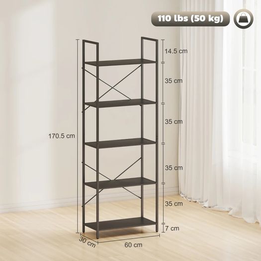 Bookshelf, Freestanding 5-Tier Shelf, Industrial Office Shelf with Metal Frame, Open Storage Shelf for Living Room, Office, Study, 60x30x170.5 cm, Black
