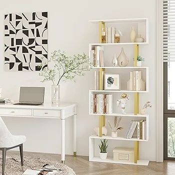 Geometric Bookcase, S Shaped Bookshelf 6-Tier Book Shelves for Bedroom, Modern Wood Decorative Display Shelf Tall Book Case for Home Office, Gold and White