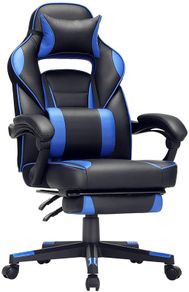 _Gaming Chair, Desk Chair with Footrest, Office Chair with Headrest and Lumbar Cushion, Height Adjustable, Ergonomic, 90-135deg Tilt Angle, 150 kg Load Capacity, Black + Blue