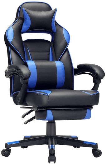 _Gaming Chair, Desk Chair with Footrest, Office Chair with Headrest and Lumbar Cushion, Height Adjustable, Ergonomic, 90-135deg Tilt Angle, 150 kg Load Capacity, Black + Blue