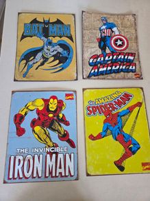 Vintage tin Batman, Captain America, Iron Man, and Spider-Man.