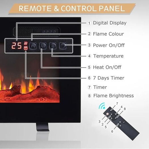 50" Wall Mounted Electric Fireplace, Wilton, Black With 2 Heat Settings 900W-1800W, 9 LED Flame Colour Options and 2 Fuel Bed Options, Media Wall Compatible, Remote Control