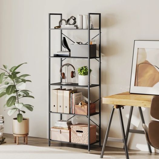 Bookshelf, Freestanding 5-Tier Shelf, Industrial Office Shelf with Metal Frame, Open Storage Shelf for Living Room, Office, Study, 60x30x170.5 cm, Black