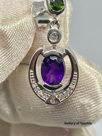 AAA African Amethyst, Natural Chrome Diopside & White Zircon Dangling Push Back Earring in Rhodium Overlay Sterling Silver