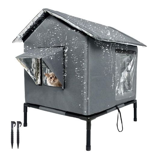 Cat House Weatherproof with Aluminum Film Insulation, Large Feral Cat Shelter for Winter, Collapsible with Door, Easy to Assemble (Dark Grey)