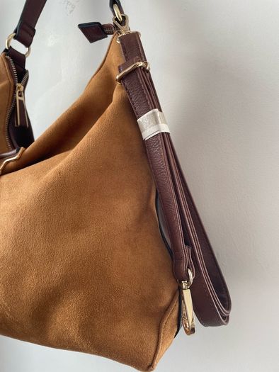 Brown Faux suede leather hobo bag with shoulder strap