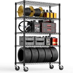 Steel Storage Shelving 5-Tier Utility Shelving Unit with Wheels, Steel Organizer Wire Rack for Home,Kitchen,Office,Garage, 45 x 120 x 192cm