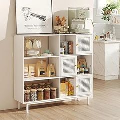 Rattan Bookcase, Storage Sideboard Cabinet with Metal Legs, Wooden Bookshelf with 3 Door, 6 Open Compartments, Freestanding Display Rack for Living Room, Study,102x29x96cm(White)